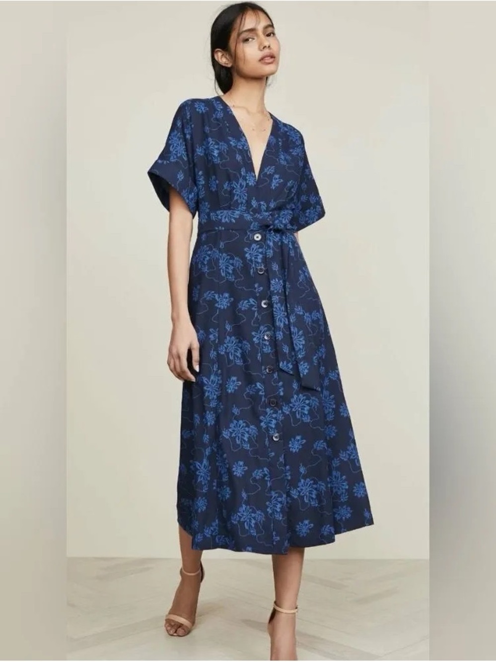Equipment Navy Blue Floral Tie-Waist Midi Dress - 80% OFF MSRP!!!